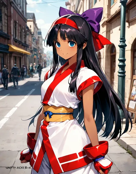 (​masterpiece, top-quality, hight resolution, Unity 8k, extremely details CG:1, Best Picture), 1girl, nakoruru, ((dark-skinned female)), purple ribbon, , Dead eyes, fake smile, First time meeting a woman promised on a dating website, on the street.