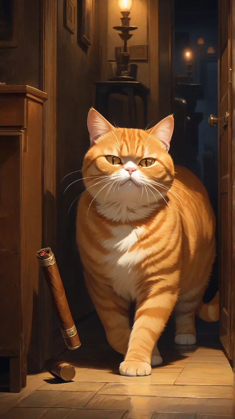 A fat fussy orange cat as smoking cigar walking towards camera, like human nature