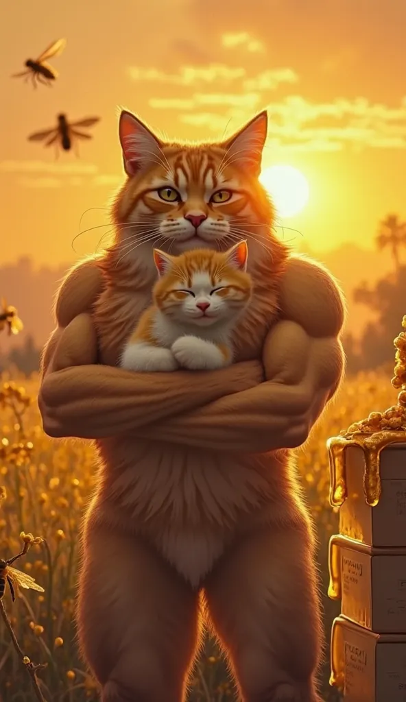 "The bee queen, now weakened, buzzes away, leaving behind a broken piece of her crown with a message: ‘I shall return… with stronger honey magic!’ The sun sets behind the victorious bodybuilder cat dad as he picks up his relieved kitten. The kitten hugs hi...