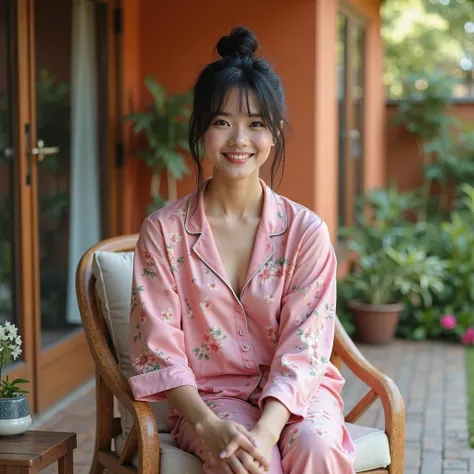 Hyperrealistic full HD 8k photo, a beautiful young Indonesian woman with a clean, smooth face, thick thick black hair with curtain bangs in an upward bun, wearing pink pajamas with floral motifs and flip-flops, sitting relaxed smiling on a chair on the ter...