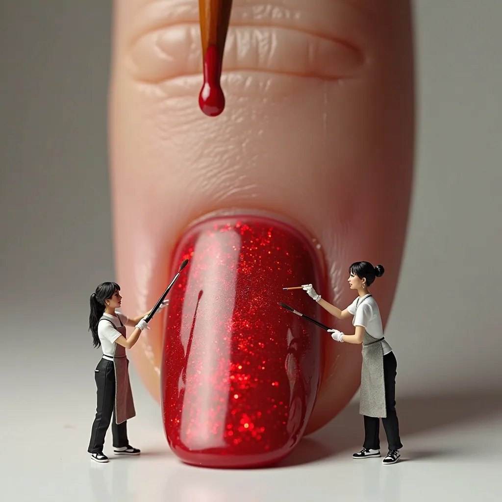 A drop of shimmering red lacquer on a brush drips onto a giant hyper-realistic naturally long fingernail. Tiny miniature women dressed in black trousers, white T-shirts and grey aprons paint  and varnish the fingernail with brushes