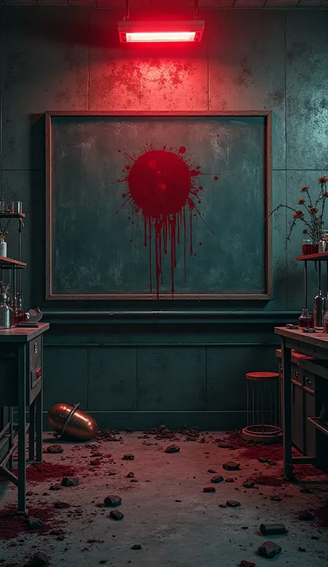 I would like a scene with broken test tubes that focuses on a small blackboard stained with blood in the center of the image while the red emergency lights shine against the same blackboard