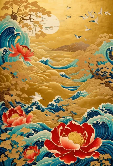 Made with traditional techniques, Japanese painting, gold paint, watercolor, glitter powder, shellfish, painted blue flowers, gold paint flower painting, lacquer style, The folding screen installed in a temple in Kyoto is very beautiful., A painting style ...