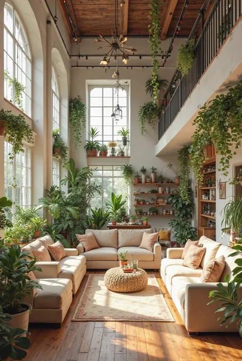 Create a large room with high ceilings, cozy furniture in beige, It's a living room full of pots and plants on shelves and hanging from the ceiling 