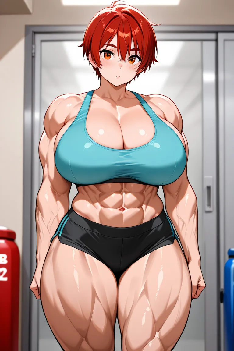 red hair, short hair, curvy, cute face, kawaii, (young adult), huge breasts, (((muscular girl))), buff girl, ((abs)), amber eyes, sports bra