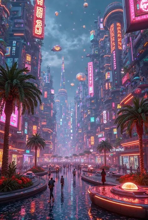 A futuristic city where all buildings, cars, and streets are made of glowing neon fruits like oranges, strawberries, and bananas, illuminated in a cyberpunk theme at night."