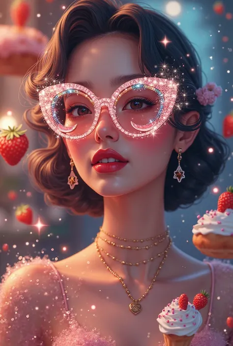 The model wears crystal sunglasses with stars and the moon on the glass creates a poster of a business that sells strawberries with cream and donuts on the menu