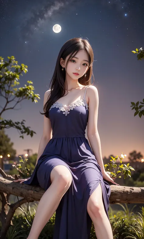 score_9, score_8_consolation, score_7_consolation, sauce_animations, surreal, 1 female, mature K-pop idol, very long hair, Detailed five fingers, Scattered Hair,, night view,  Moon in the Sky , purple hue , Starry Night, dreamy atmosphere , Shining Edge,My...