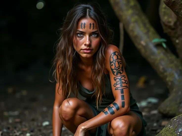 RAW photo, best quality realistic, real skin details, half body angle, cave background,chiaroscuro lighting, Rembrandt lighting, female hunter, Wearing jungle clothing, with totem painted on face and arms, brown long hair, appropriate muscle definition, se...