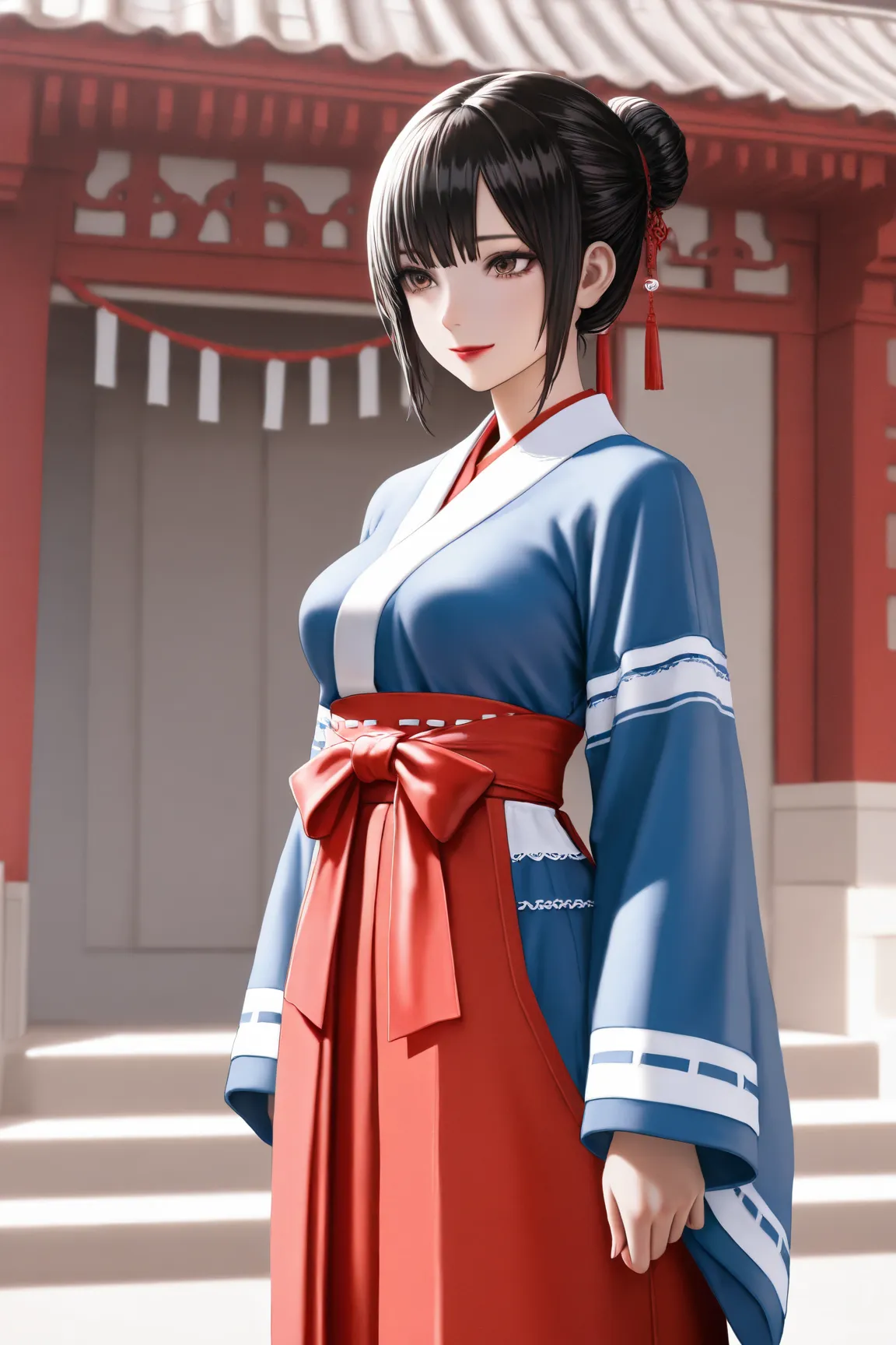 1 ,     Alone,     masterpiece,     fringe,    ultra realistic, silky hair, Chinese,   miko,   black hair , Bun with hashi   ,  brown eyes,  red lipstick, blue kimono,   white stripes,   slim body,   detailed medium breasts, Slight smile standing  , rocky ...