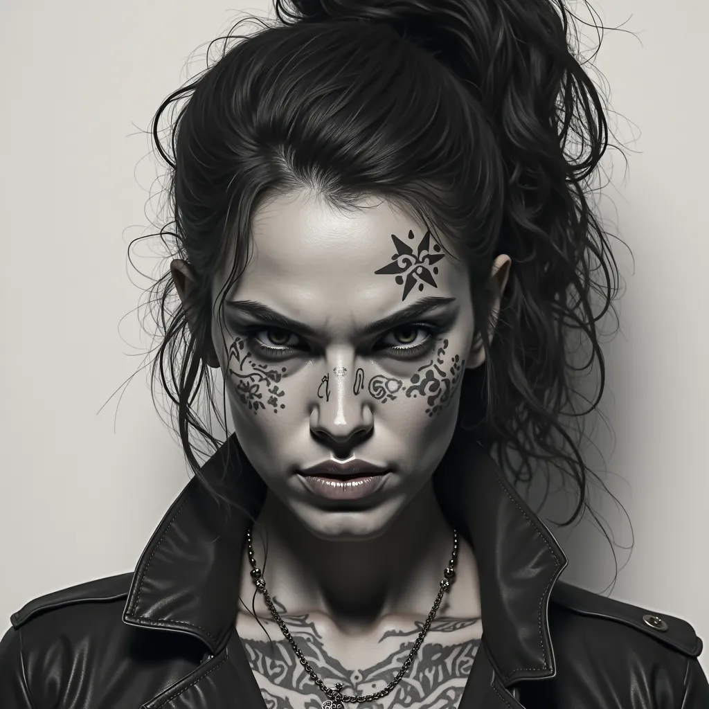 bad girl, female, tough, tattoos, face only, gray scale, icon