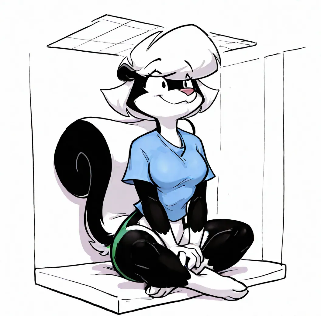 masterpiece, best quality, 4k, absurd res, sabrina skunk, simple backlground, white background, looking at the ceiling,, black eyes, skunk tail, skunk girl, furry female, blue shirt, energetic design, wearing green shorts, bottomless, full body, smile, whi...