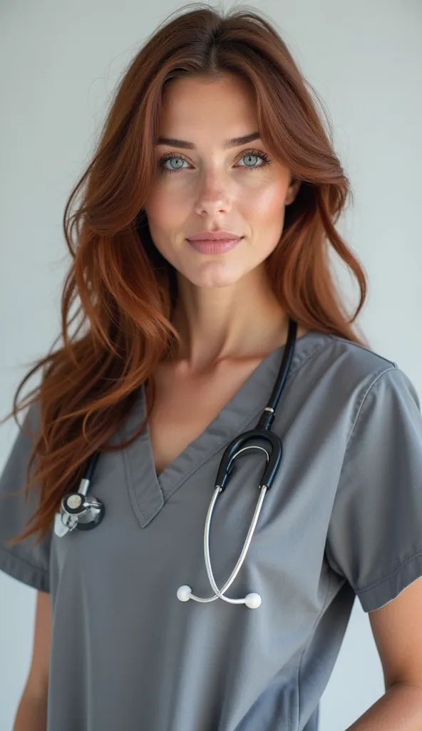 An attractive nurse, dark auburn hair, blue eyes, heather grey scrubs, vivid lighting, 35 years old, american, High Resolution, Looking at viewer, ultra realistic, Simple white hospital background, flirt, bright colors, full body, massive breasts, cleavage...