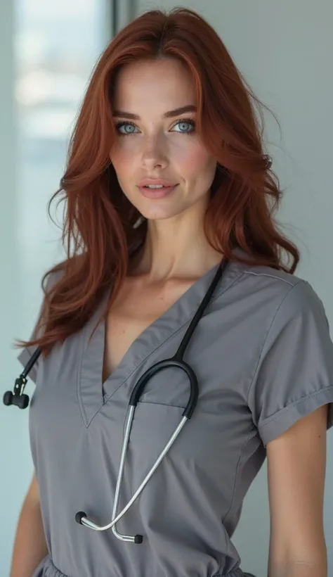 An attractive nurse, dark auburn hair, blue eyes, heather grey scrubs, vivid lighting, 35 years old, american, High Resolution, Looking at viewer, ultra realistic, Simple white hospital background, flirt, bright colors, full body, massive breasts, cleavage...