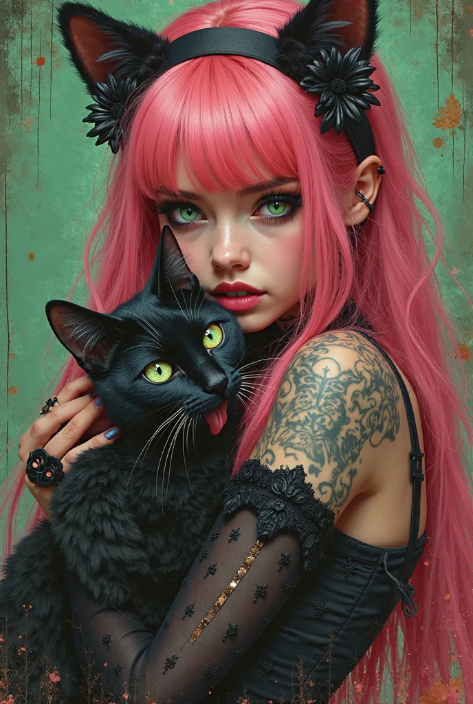 emerald green and red gradation spinning background、old cafe 、Femboy's long pink hair, One eye blinks、With an ecstatic look、green eyes。 Gothic Lolita costume with Sword of the Brave、tattoo hugging a black cat sticking out its tongue very detailed, textured...