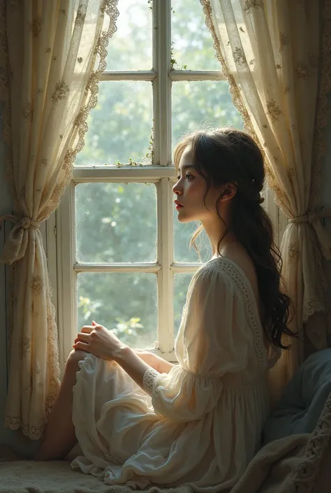 A girl setting near a window and wandering