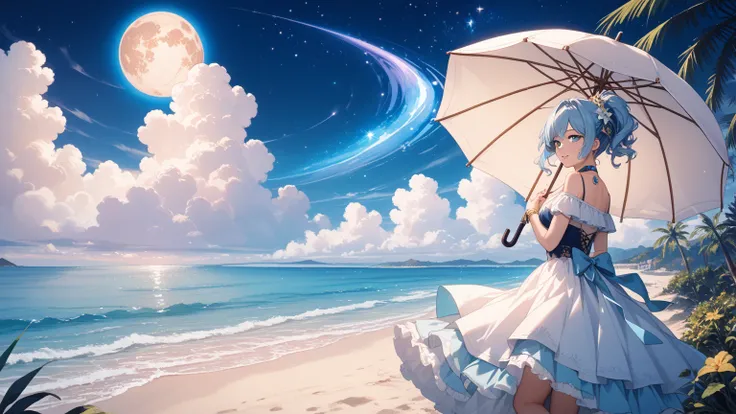 Blue Sea、 moon、 sandy beach、beach umbrella、 there are no people、 scenery only