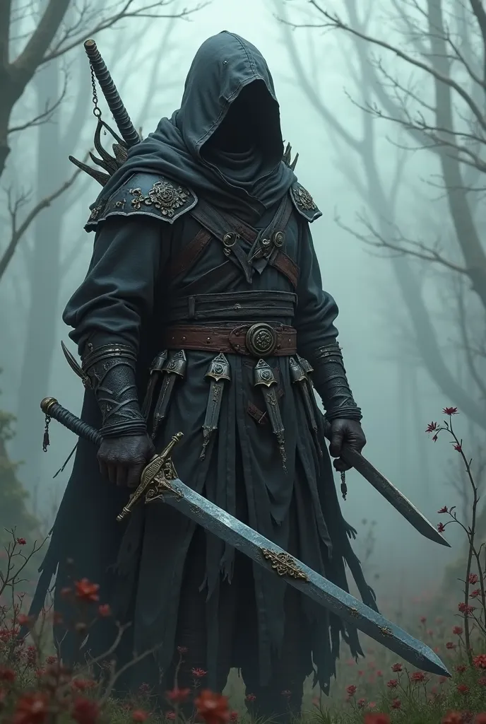 A hunter with a black hooded sword with shadows on the back and a belt with daggers