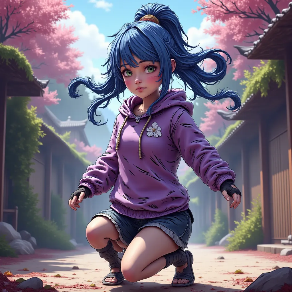 1girl, Bangs, blue hair Hair Bun, a hoodie kunoichi Violet 
Hoodie cherry blossom pattern long sleeve  fingerless gloves skirt socks and sandals kung fu shorts 