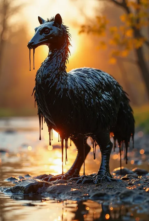 resembling an tiger or emu, made entirely of translucent black jelly. The black jelly appears to be dripping from the body, reflecting warm sunlight. The background features a natural outdoor riverside with blurred trees and a glowing golden sunset. The li...