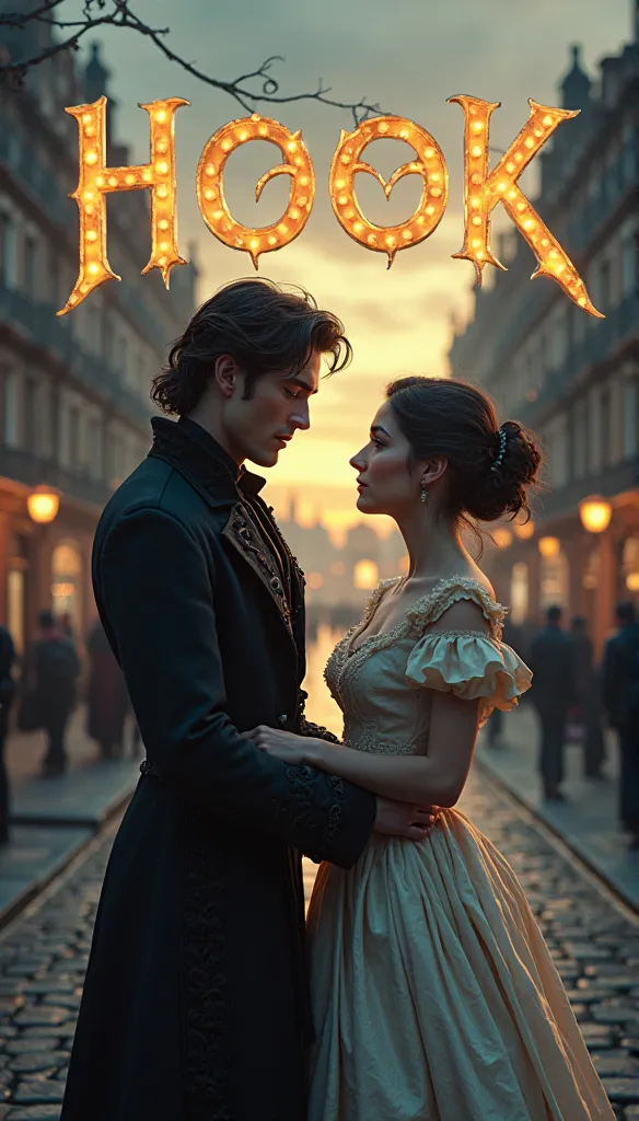 Create a cover with 3d animation for a dark romance book entitled "Hook ", letters must be large and visible, set in Victorian London and inspired by the story of Peter Pan with Hook and Wendy as romantic protagonists, he must be an attractive man dressed ...