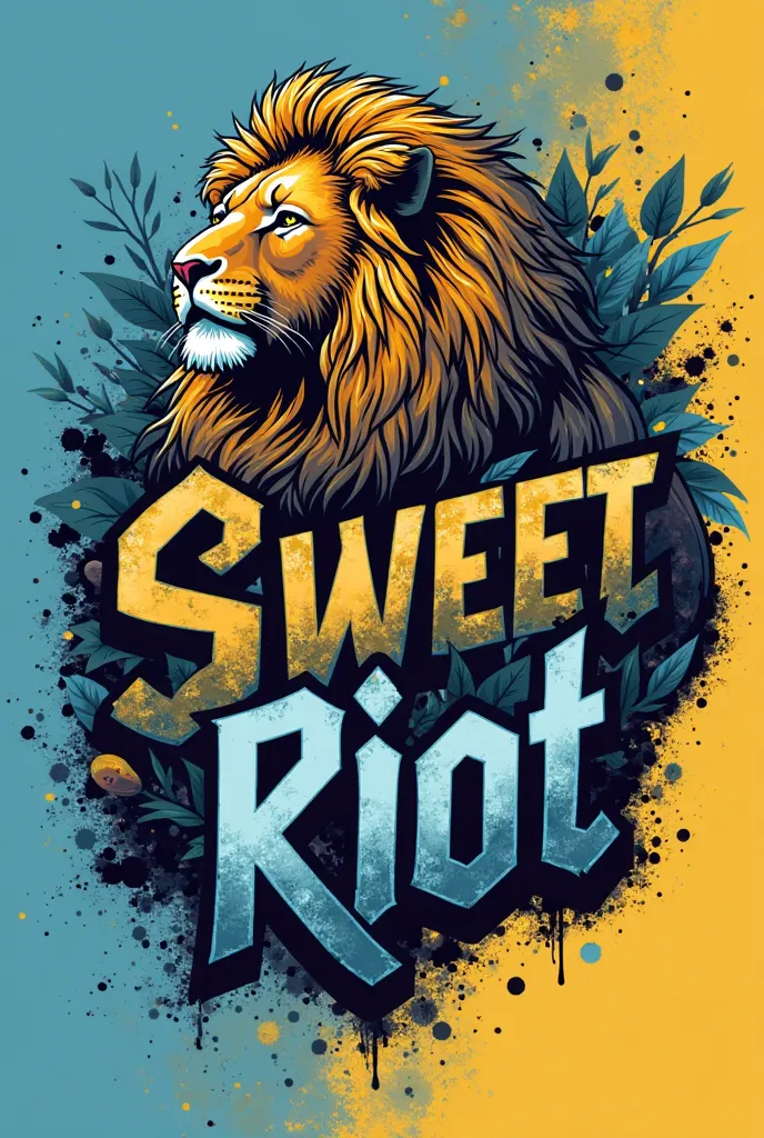 Create a logo that says Sweet Riot and has a Lion, Use blue and yellow colors , a little less minimalist