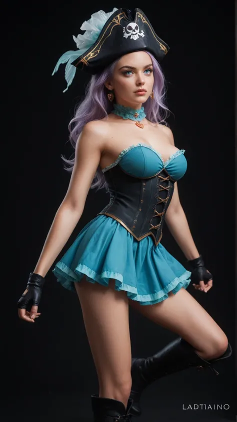 Full-body young human girl, with long light purple hair and bright aquamarine eyes. Plain black background with subtle blue light bouncing off the figure, creating a dramatic lighting effect. She wears a short pirate-style dress, a mix of purple and black,...