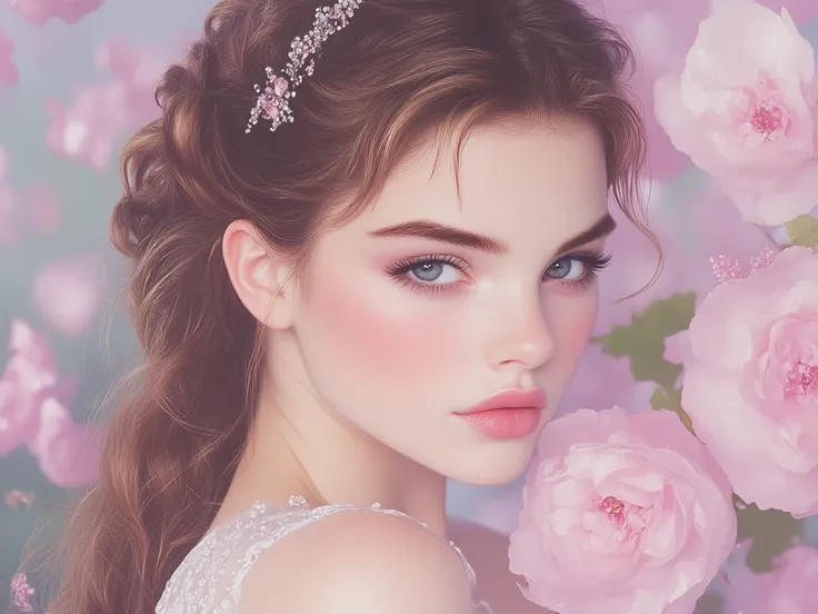 Imagen ilustrada pequeña de 5 años mas beautiful rusa de ojos grises y El cabello es lacio largo y color de cabello NEGRO AZABACHE. white porcelain skin. big lips. She's wearing a pastel pink dress with pastel pink flowers . Looking at the spectator. Soft ...