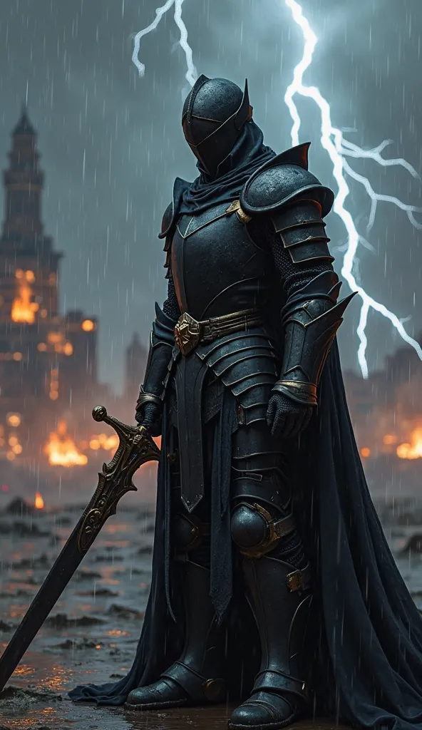 Knight in matte black armor with a sword with gold details the City in the background at night on fire with rain is lightning