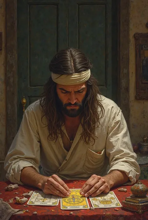  Young man with long hair , beard and headband studying Tarot with the bedroom door closed 