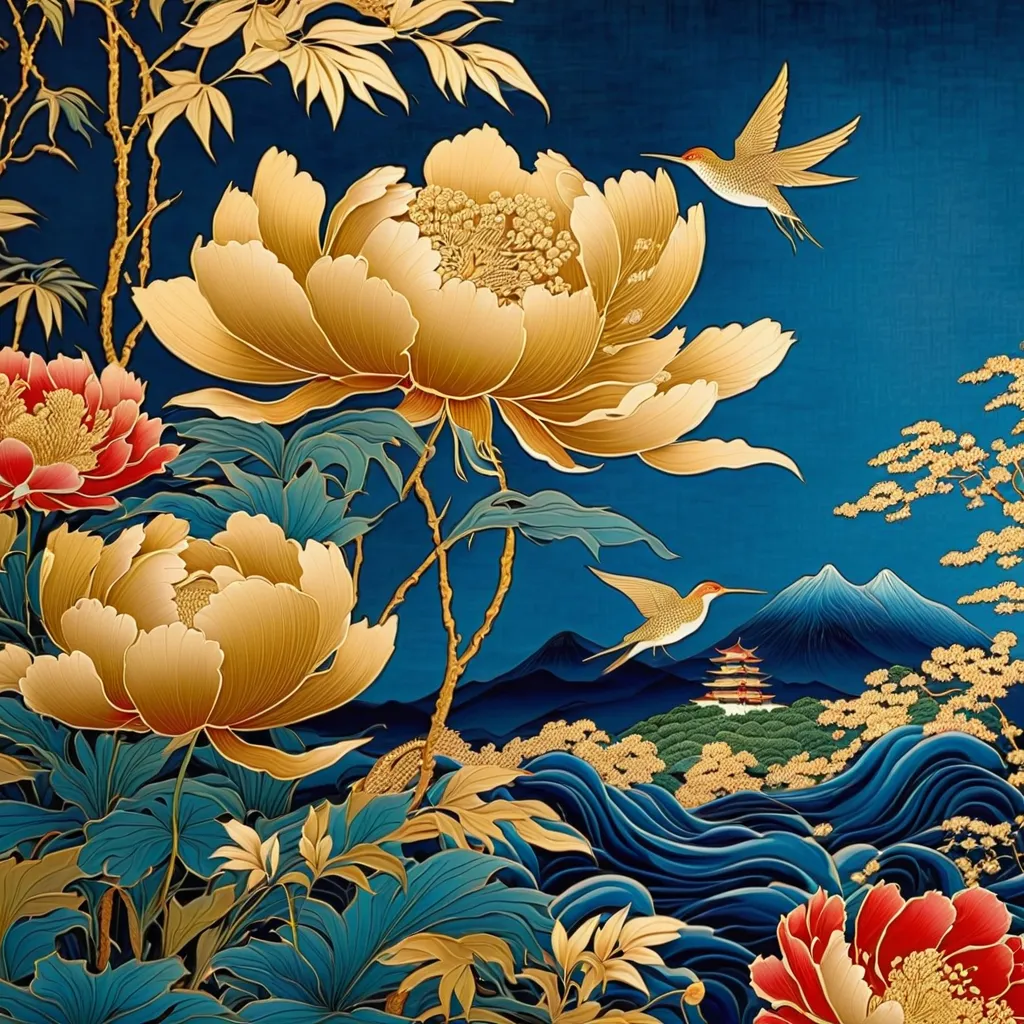 Made with traditional techniques, Japanese painting, gold paint, watercolor, glitter powder, shellfish, painted indigo flowers, gold paint flower painting, lacquer-e style, The folding screen installed in a temple in Kyoto is very beautiful., A painting st...