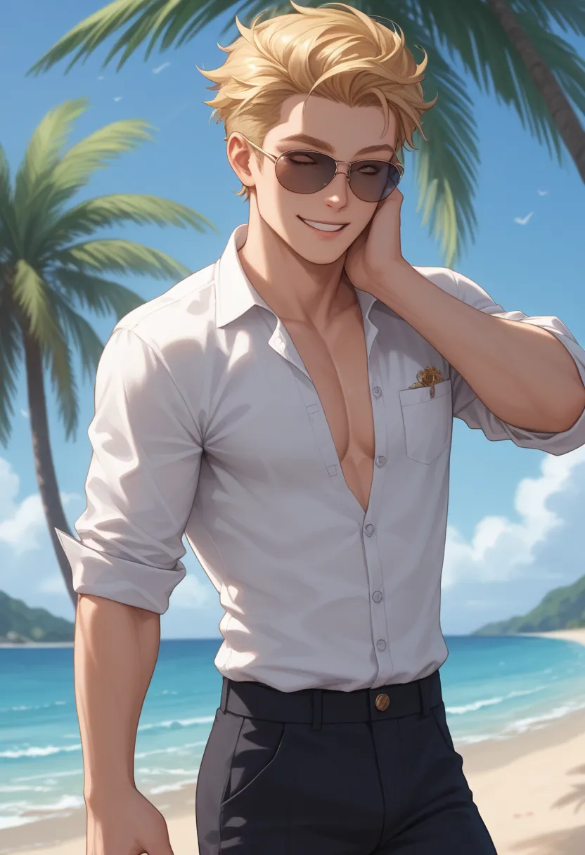 Handsome anime male, charming wink smile face, short tousled yet stylish golden blonde hair, wearing sunglass shades pulled over forehead, one hand running over hair, other hand in black slacks pocket, wearing solid black button down shirt (first two butto...