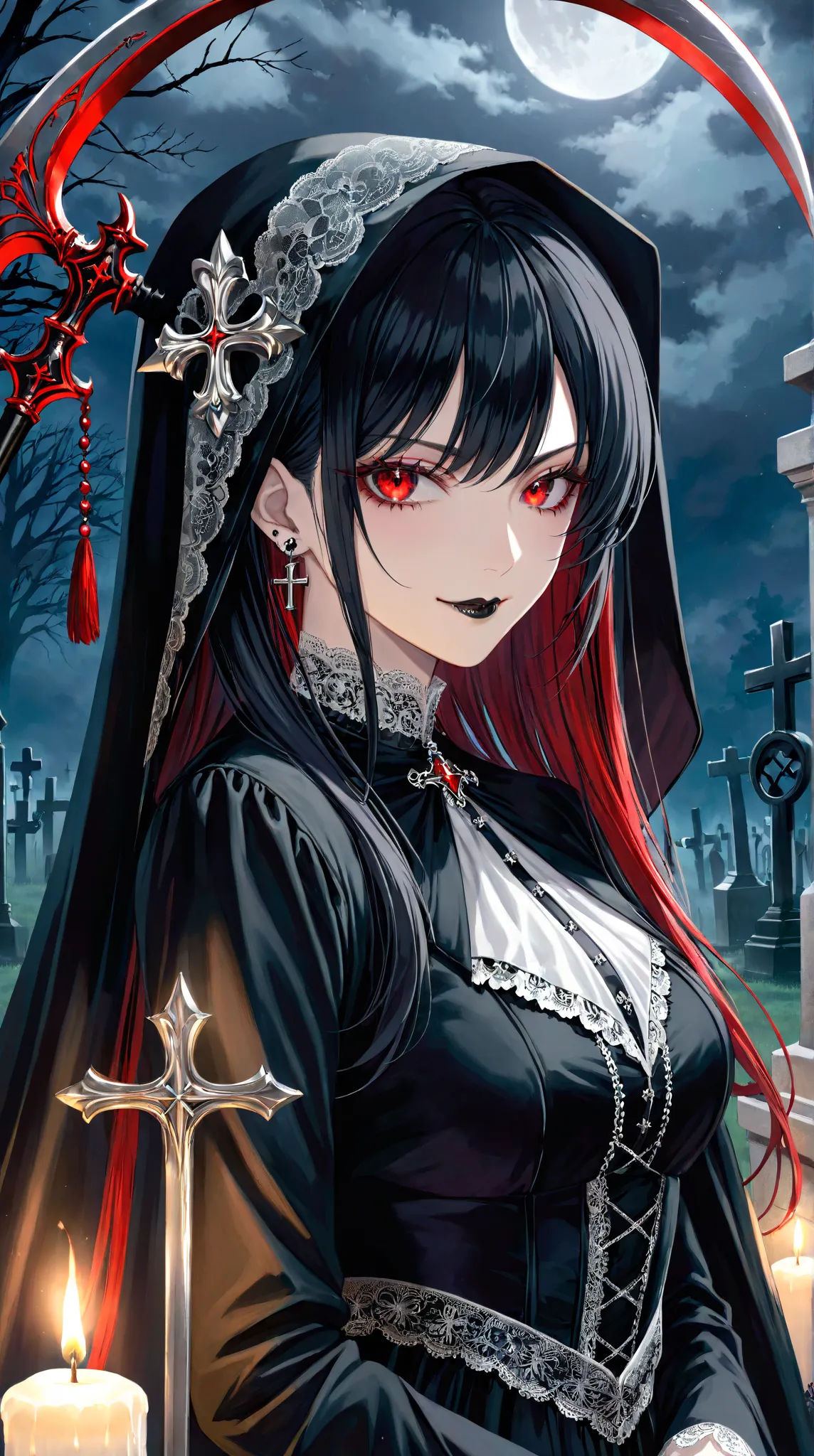 (Extreme close-up, Face-focused portrait)"An anime-style Gothic Grim Reaper, dressed in an elegant black Victorian-style dress with lace and silver accessories. She has long black hair with red streaks, piercing red eyes, and a mysterious smirk. She holds ...