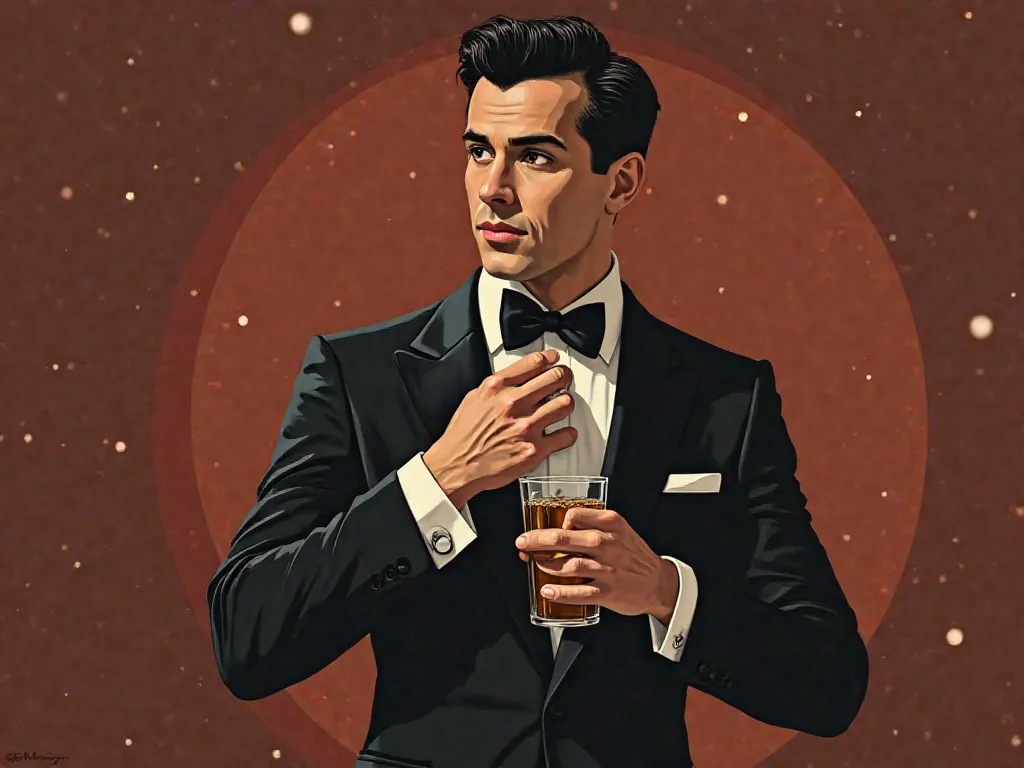 Can you please create for me an album cover in the style of the 50s, that shows a cool dark-haired swing singer in a tuxedo with a whiskey glass in his hand who has loosened his tie. The album is called Swing your thing

