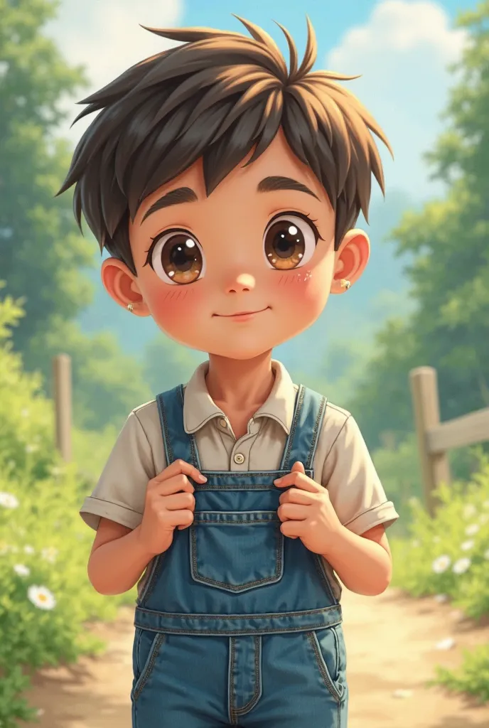  anime boy holding his overalls