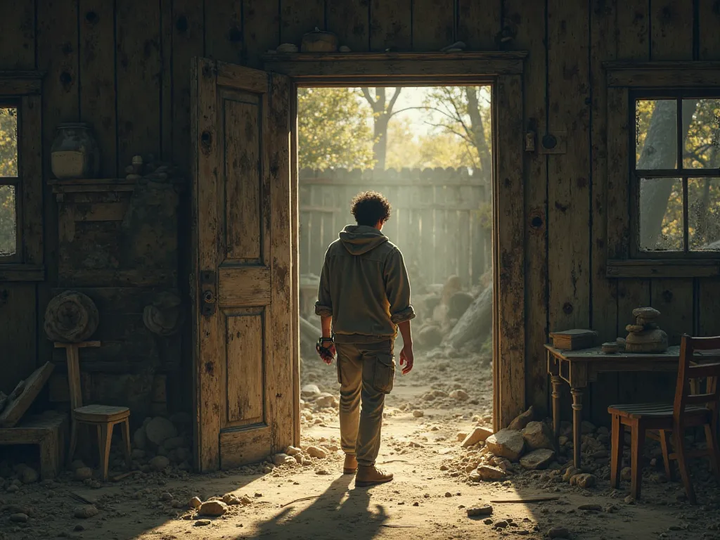 Saito opens the door of the old cabin. The interior is dusty and filled with old furniture.