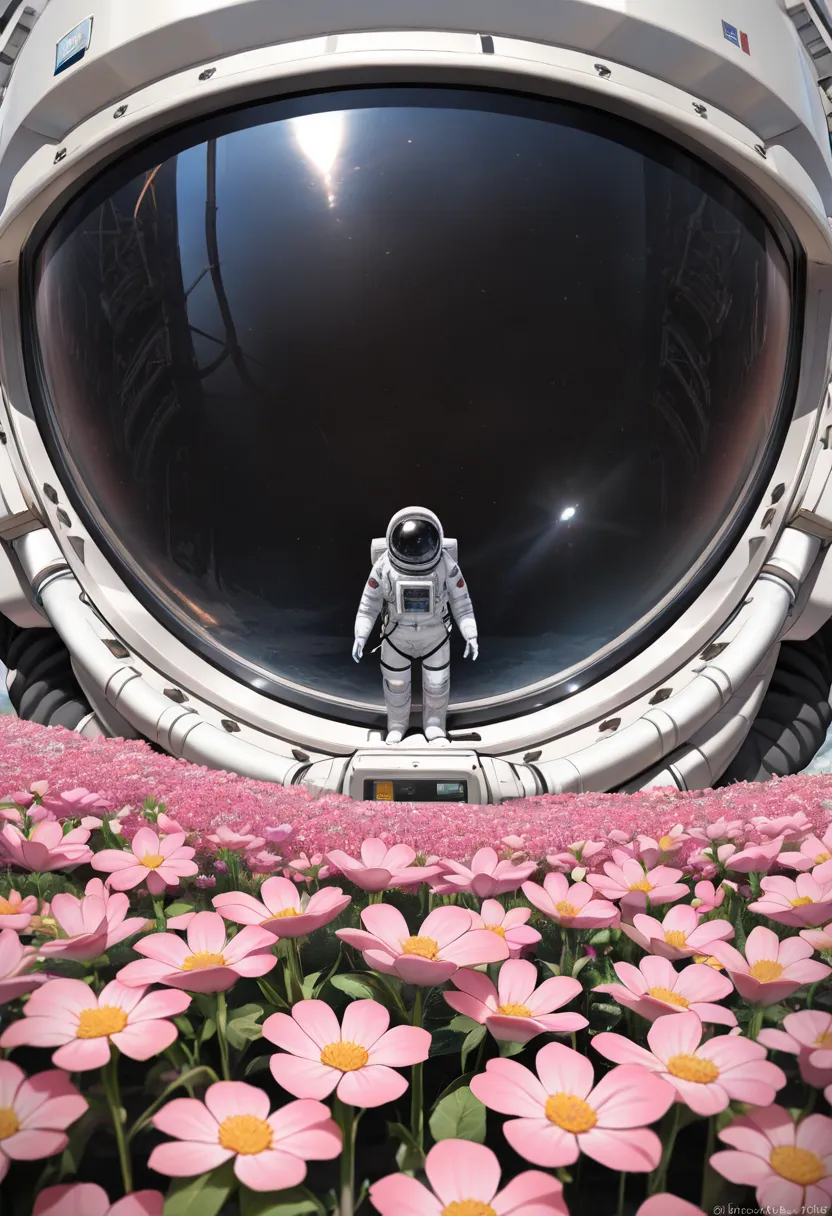 (Masterpiece, Best Quality:1.3), highres, (8k resolution), (ultra-detailed portrait:1.1), horror, outdoors, astronaut floating scenery, photorealistic, (details:1.2), volumetric lighting ,beautiful flowers, vast space, pink flowers hue