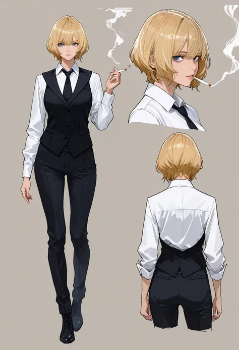 a cartoon girl with short hair smoking a cigarette next to a wall, cigarette, smoking, 1girl, smoke, blonde hair, blue eyes, necktie, shirt, solo, looking at viewer, short hair, white shirt, black necktie, long sleeves, breasts, cropped legs, collared shir...