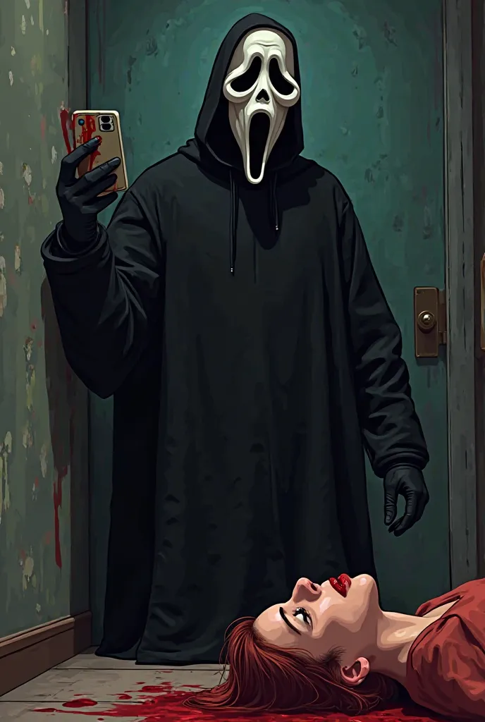 Ghostface from the horror movie scream wearing black cloak black gloves blood dripping down mask cartoon cellphone in hand background peeking at female from behind the wall female  laying on floor bloodied animation eyes closed CGI 