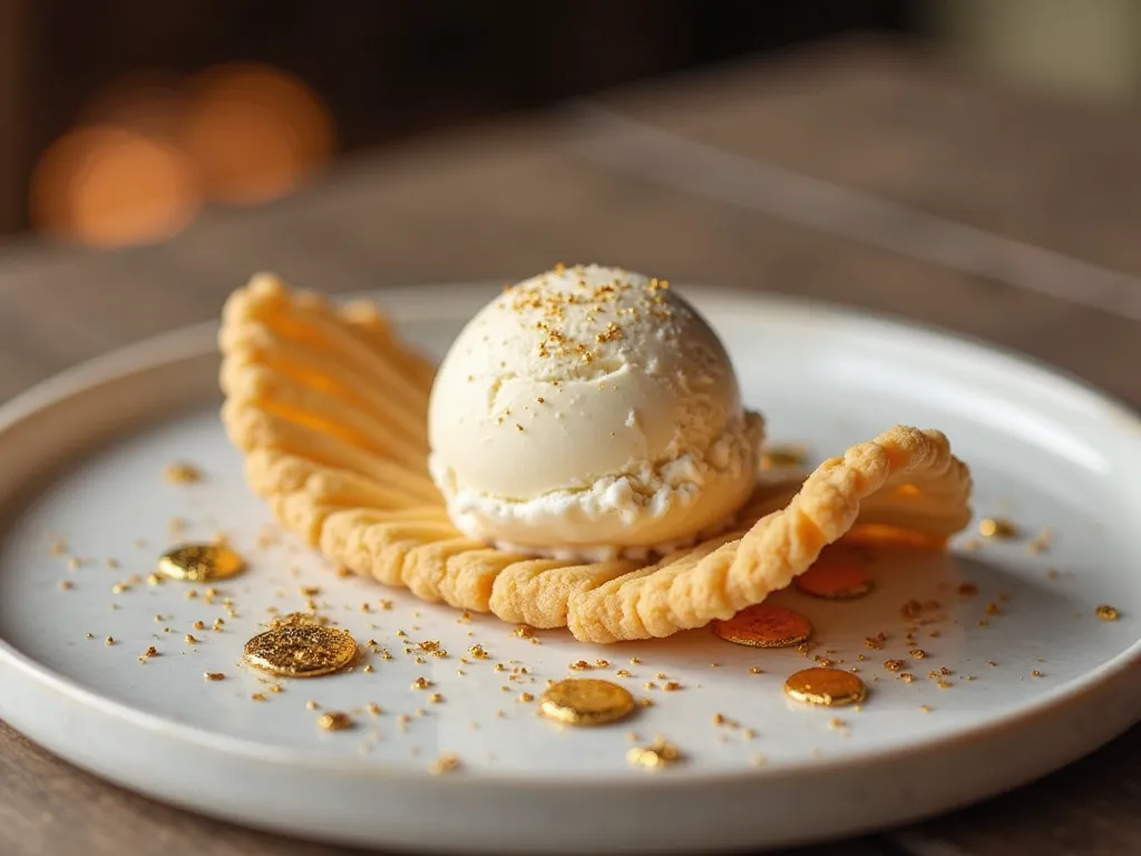 A delicate and crispy almond tuille cookie shaped into an elegant curve, served alongside a scoop of Madagascar vanilla bean ice cream with gold leaf accents. Plated on a marble dish with a softly blurred high-end dessert bar setting.