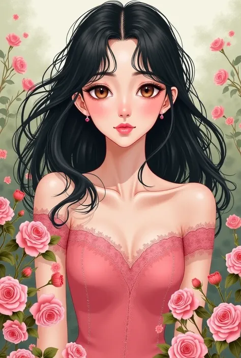 creates a manhwa panel image A young woman wearing a rosy dress. Her black hair with a white patch only on the front, roses that wave gently on her face. with delicate features and expressive eyes, she transmits an aura of elegance and mystery. The backgro...