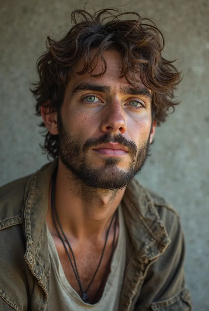 A young white man with brown hair with a shabby beard. He has a sincere look 