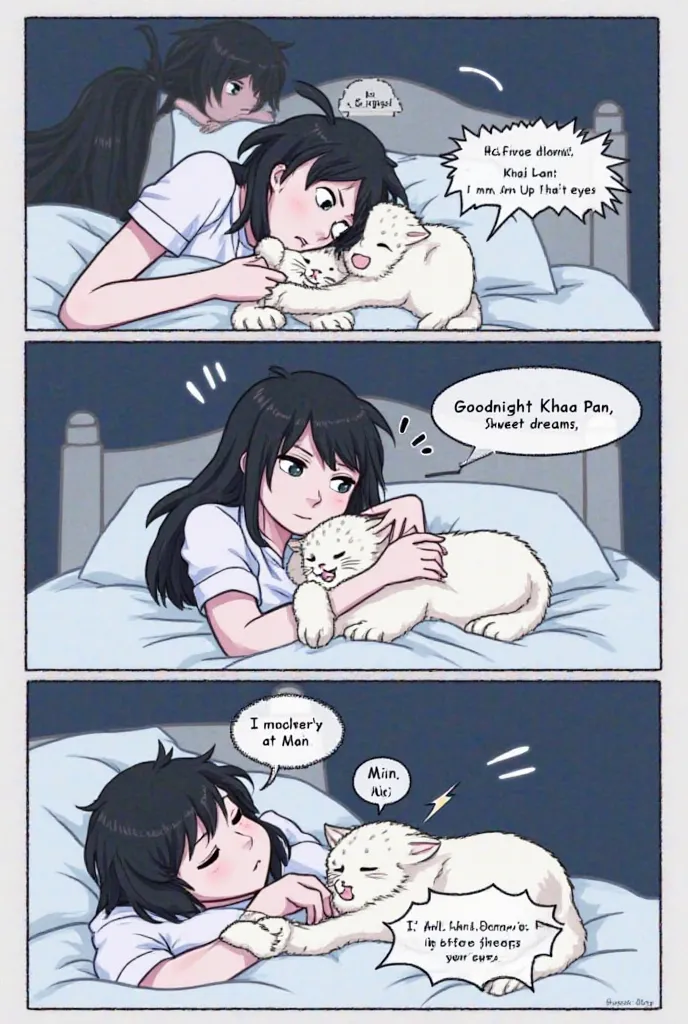 Page 2
Scene: At night, Min is lying on her bed, and Khao Pan is curled up beside her.
Panel 1: Min gently strokes Khao Pan's head.
Min: "Goodnight, Khao Pan. Sweet dreams."
Panel 2: Khao Pan murmurs and closes his eyes.
Khao Pan: "Mmm~ Sweet dreams, Min."...