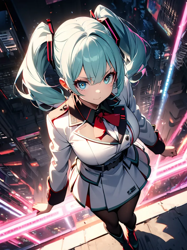 Hatsune Miku style,(Highest quality:1.2, very well detailed,  latest,  vibrant,  super high definition , high contrast, masterpiece:1.2, Highest quality, Aesthetics at its best), (((1 girl))), beautiful woman, セクシー Poses の女性, Beautiful young woman in white...