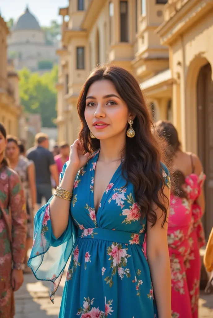 24 year girl in Indian village not modern village rural vibe wearing blue gujrati dress in hawa mahal jaipur in front of local people with smile on face hand in hair on head