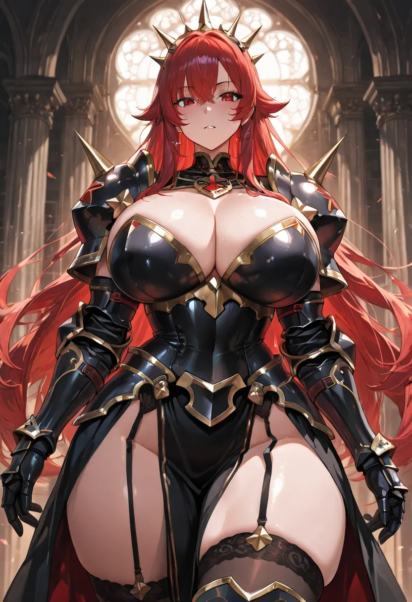 A sexy female knight in black and red spiky but angelic armour big rounded breast curvy thick thighs beautiful face perfect face perfect anatomy perfect proportions kind look on her face (hair and eye color random)