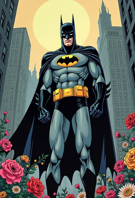 Generate Batman comic style with some flowers and a text globe that says: (Raamses sends you these flowers Paulina)