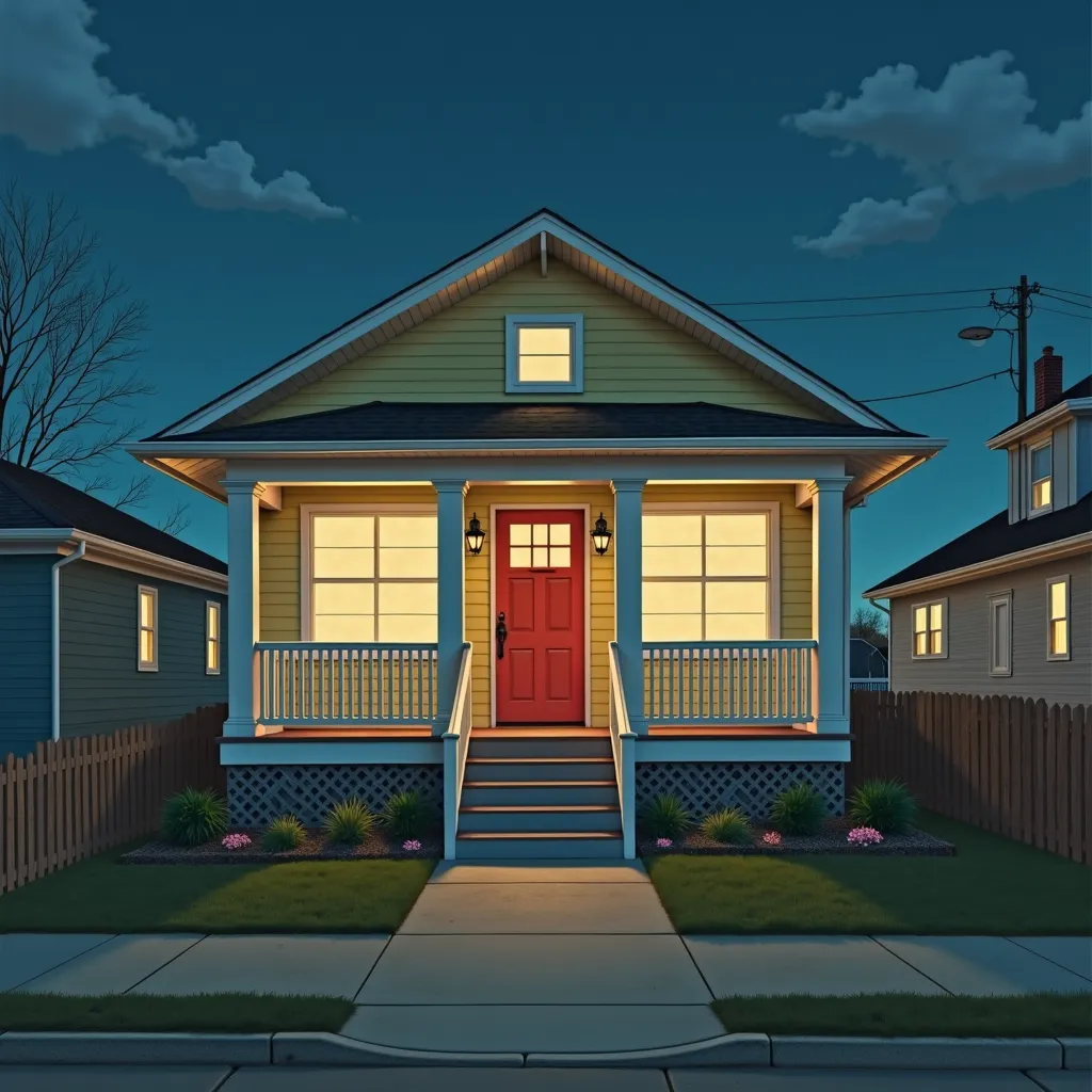 Hirhiroshi nagai painting. Retro futuristic. Low income housing. Porch. Front facing. Hamtramck. Detroit. Night time. Raised house