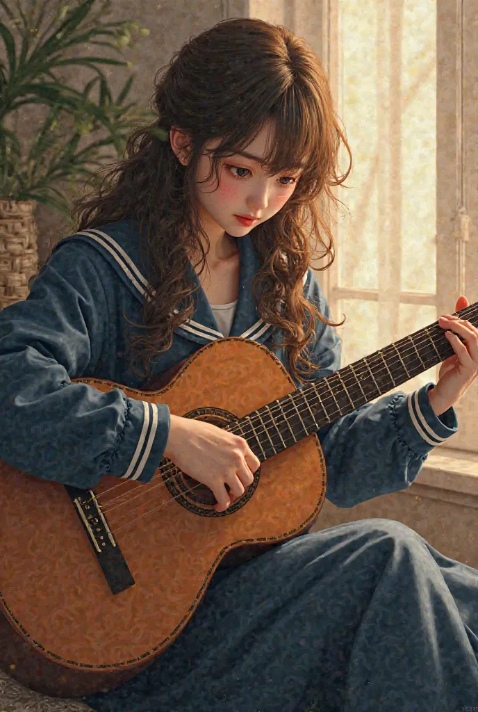 A girl with long brown hair is playing the guitar in a long-sleeved sailor suit, dark blue