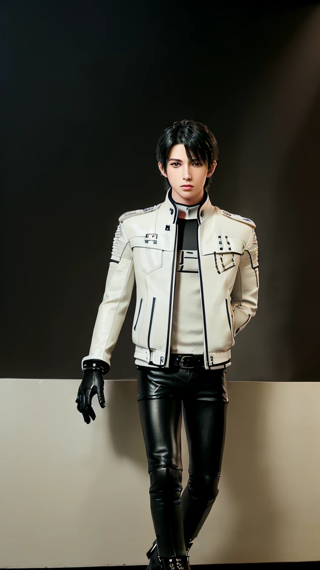 ((Final fantasy taste and reality graphics)), ((Japanese young cute and cool ikemen  boy)), his age is early 20s, thin eyebrows and beady eyes,, (((((boy wearing cream-white color thick leather and single-brest double zipper jacket))))), ,(((((jacket is vo...